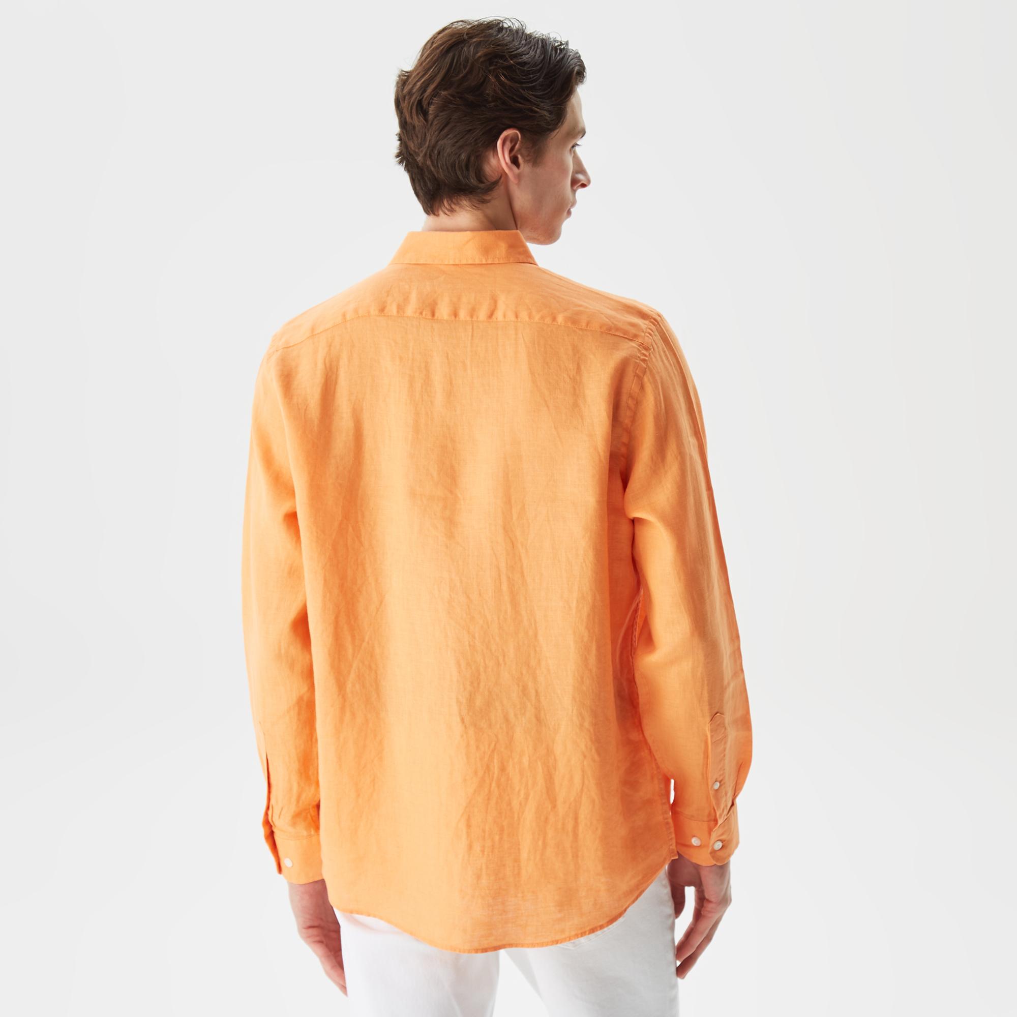 Nautica Erkek Turuncu Classic Fit Uzun Kollu Keten Gömlek