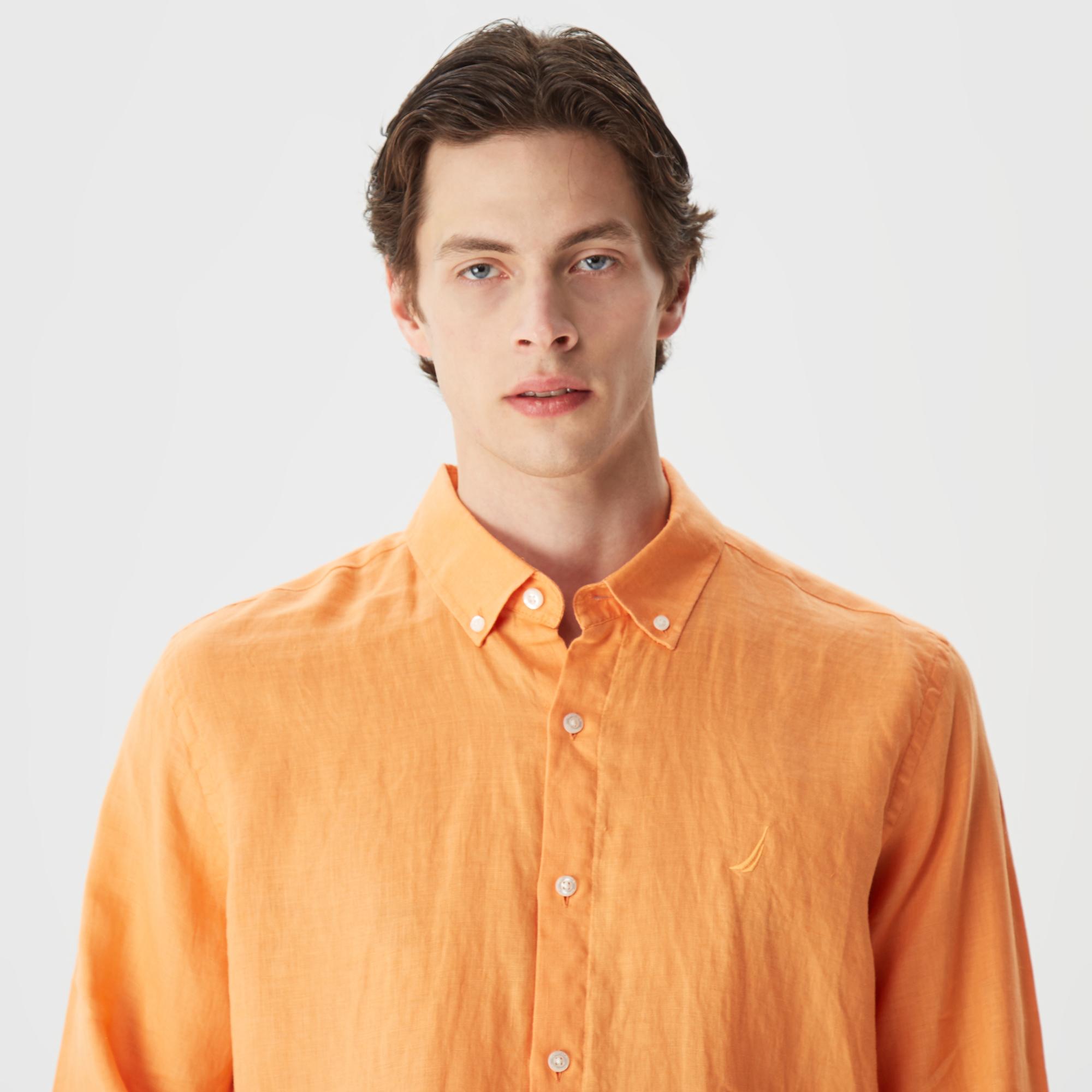 Nautica Erkek Turuncu Classic Fit Uzun Kollu Keten Gömlek