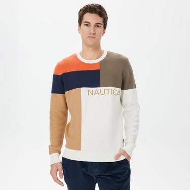  Nautica Erkek Beyaz Standart Fit Renk Bloklu Kazak