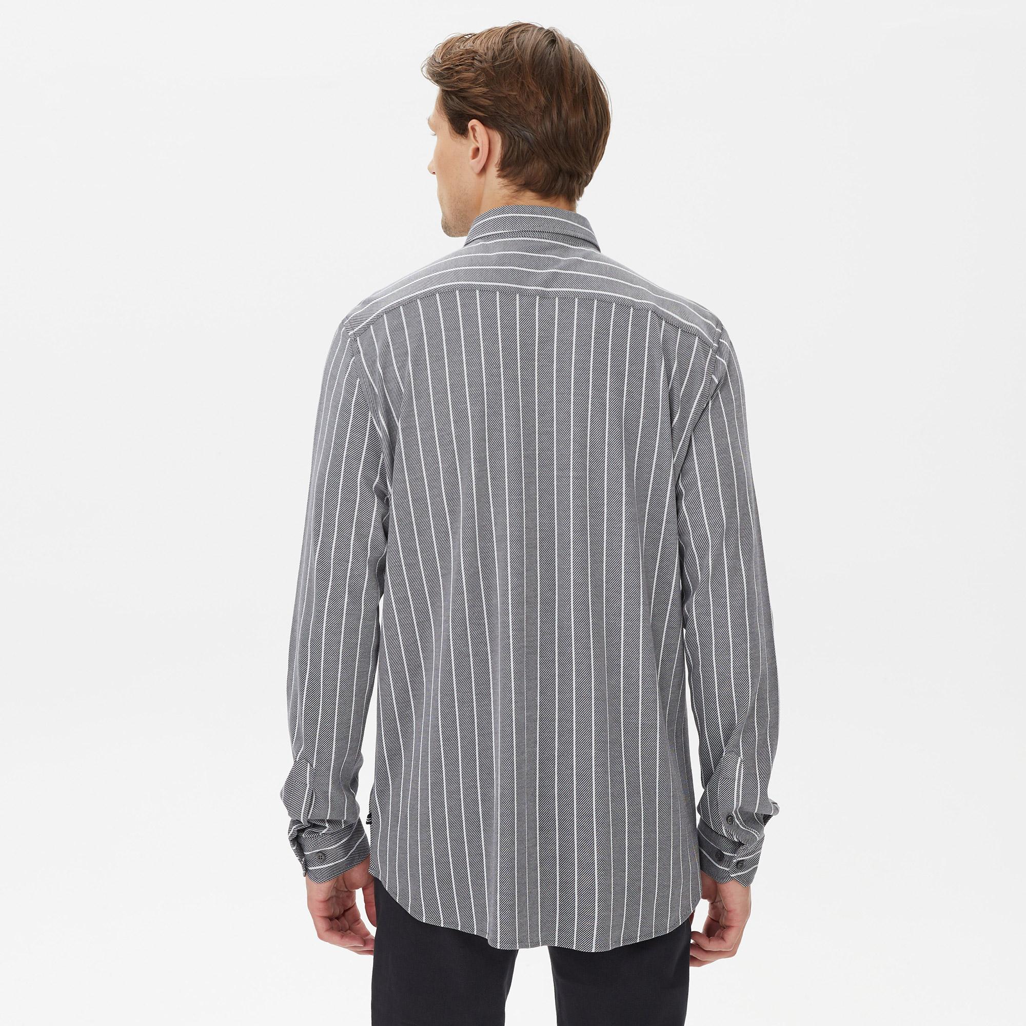 Nautica Erkek Gri Classic Fit Uzun Kollu Çizgili Gömlek