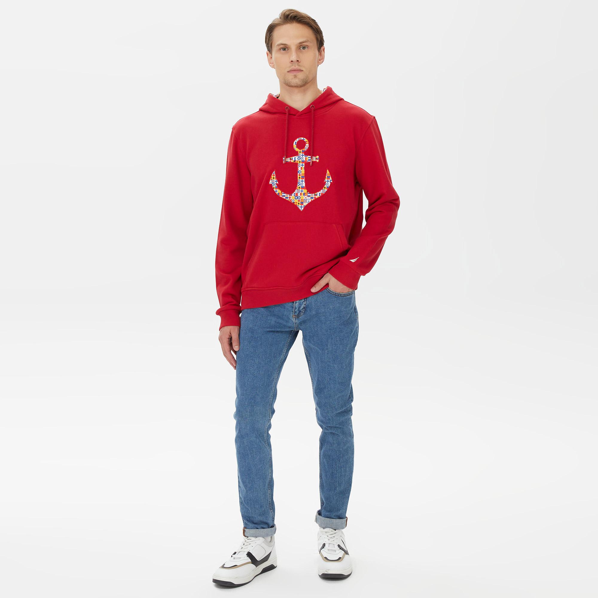 Nautica Erkek Kırmızı Standart Fit Kapüşonlu Sweatshirt