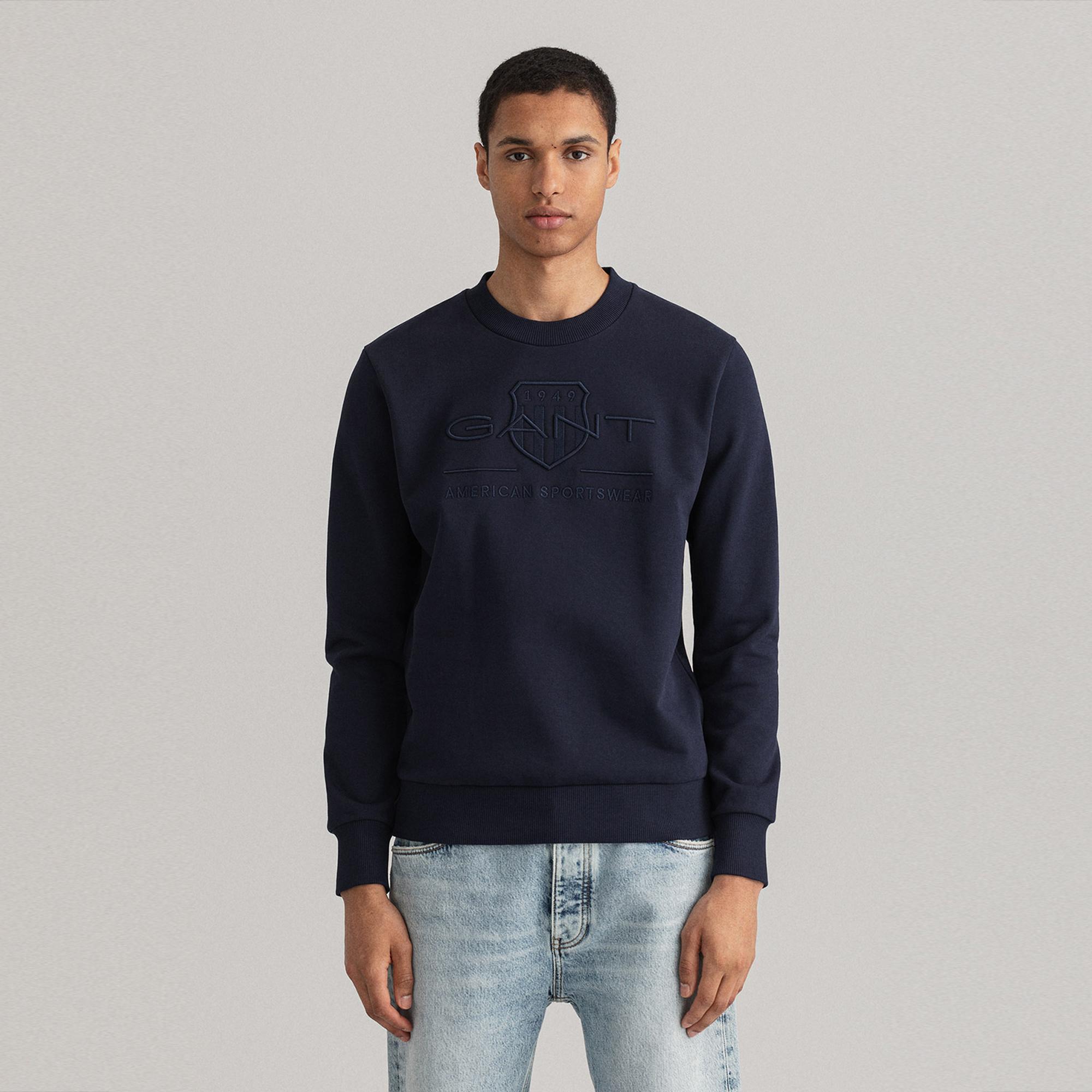 GANT Erkek Lacivert Regular Fit Bisiklet Yaka Logolu Sweatshirt