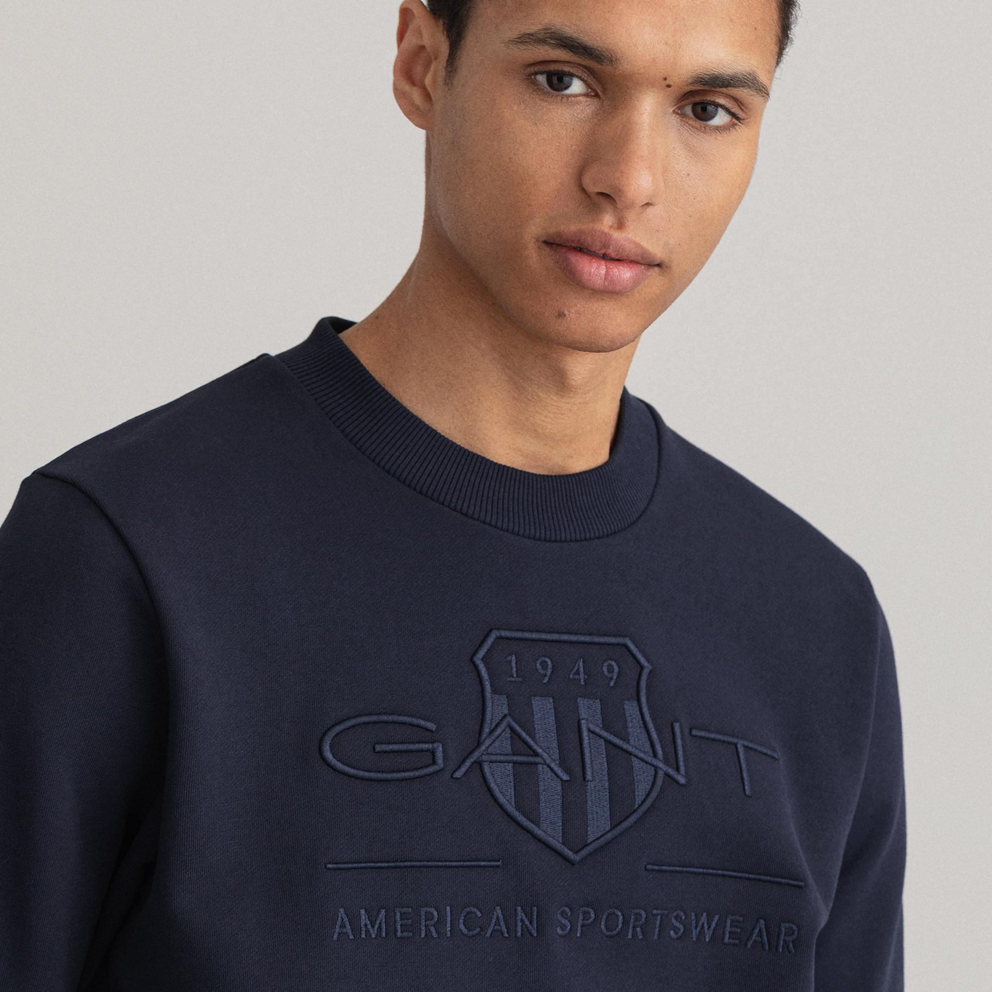 GANT Erkek Lacivert Regular Fit Bisiklet Yaka Logolu Sweatshirt