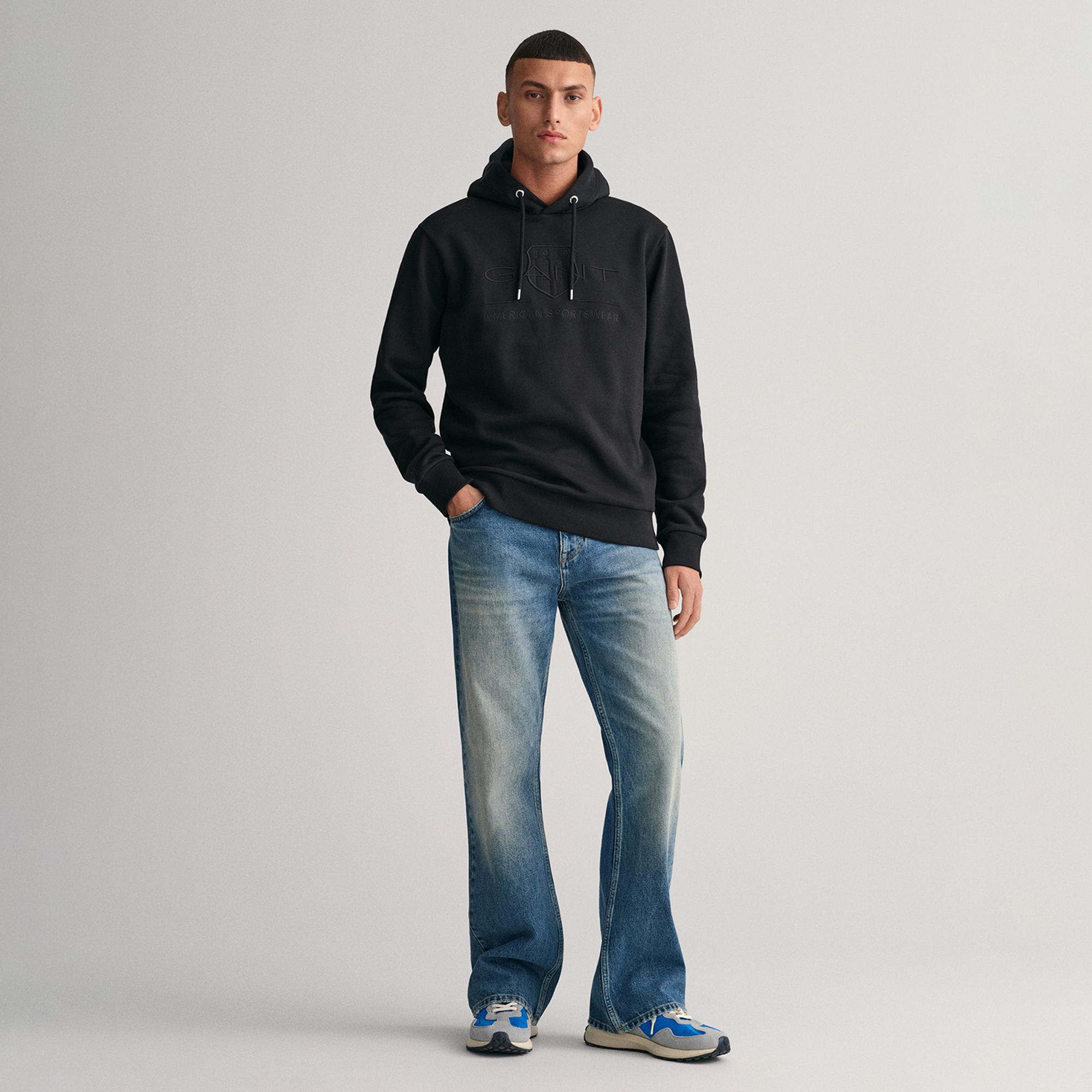 Gant Erkek Siyah Regular Fit Kapüşonlu Logolu Sweatshirt