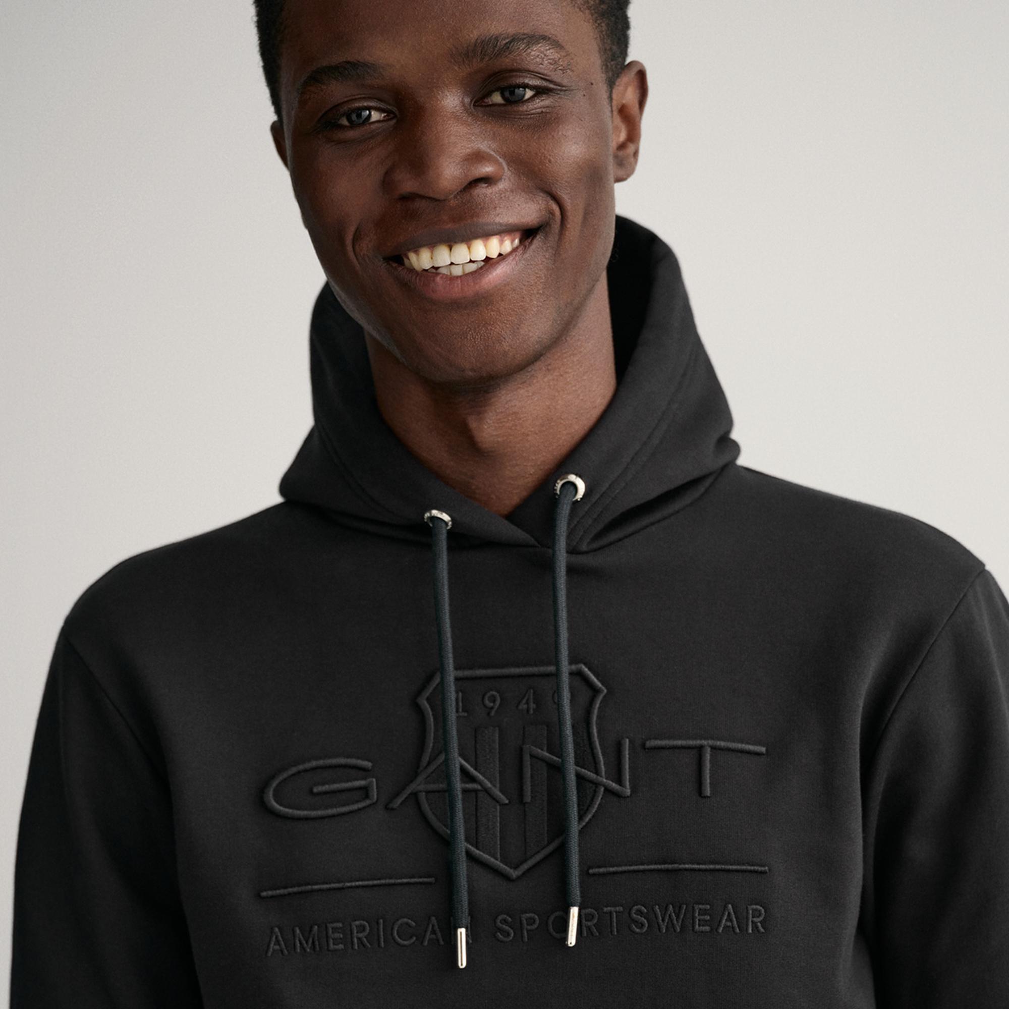 Gant Erkek Siyah Regular Fit Kapüşonlu Logolu Sweatshirt