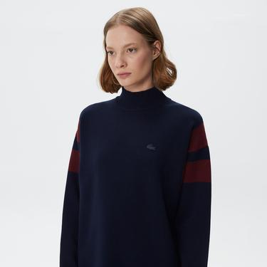  Kadın Loose Fit Uzun Kollu Bisiklet Yaka Lacivert Elbise