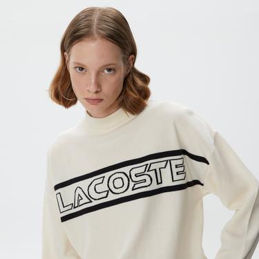  Lacoste Kadın Regular Fit Dik Yaka Baskılı Beyaz Kazak