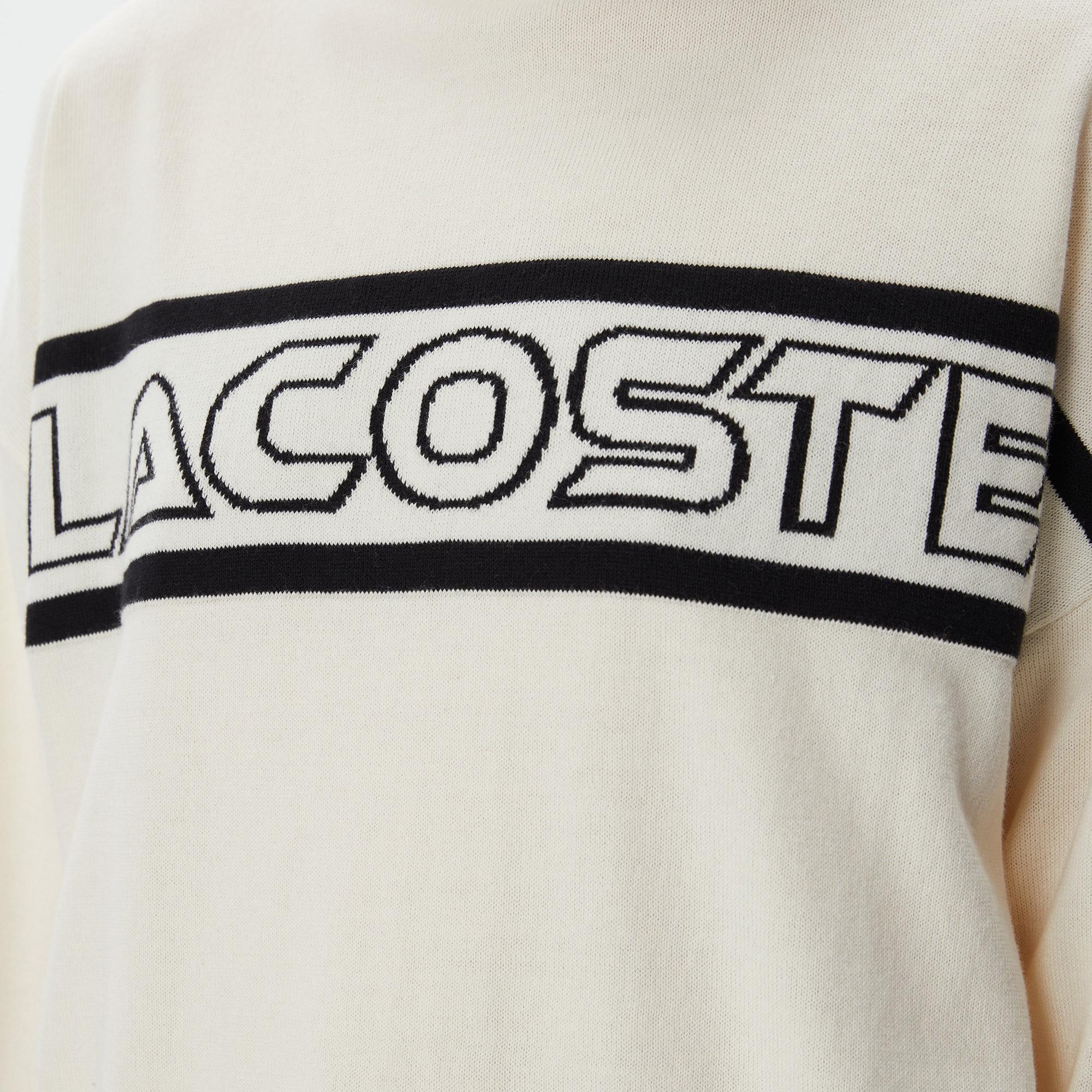 Lacoste Kadın Regular Fit Dik Yaka Baskılı Beyaz Kazak