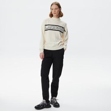  Lacoste Kadın Regular Fit Dik Yaka Baskılı Beyaz Kazak