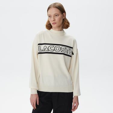  Lacoste Kadın Regular Fit Dik Yaka Baskılı Beyaz Kazak
