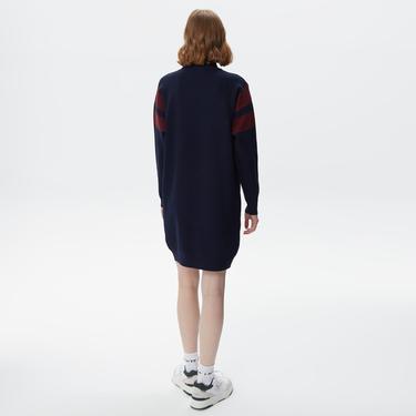  Kadın Loose Fit Uzun Kollu Bisiklet Yaka Lacivert Elbise