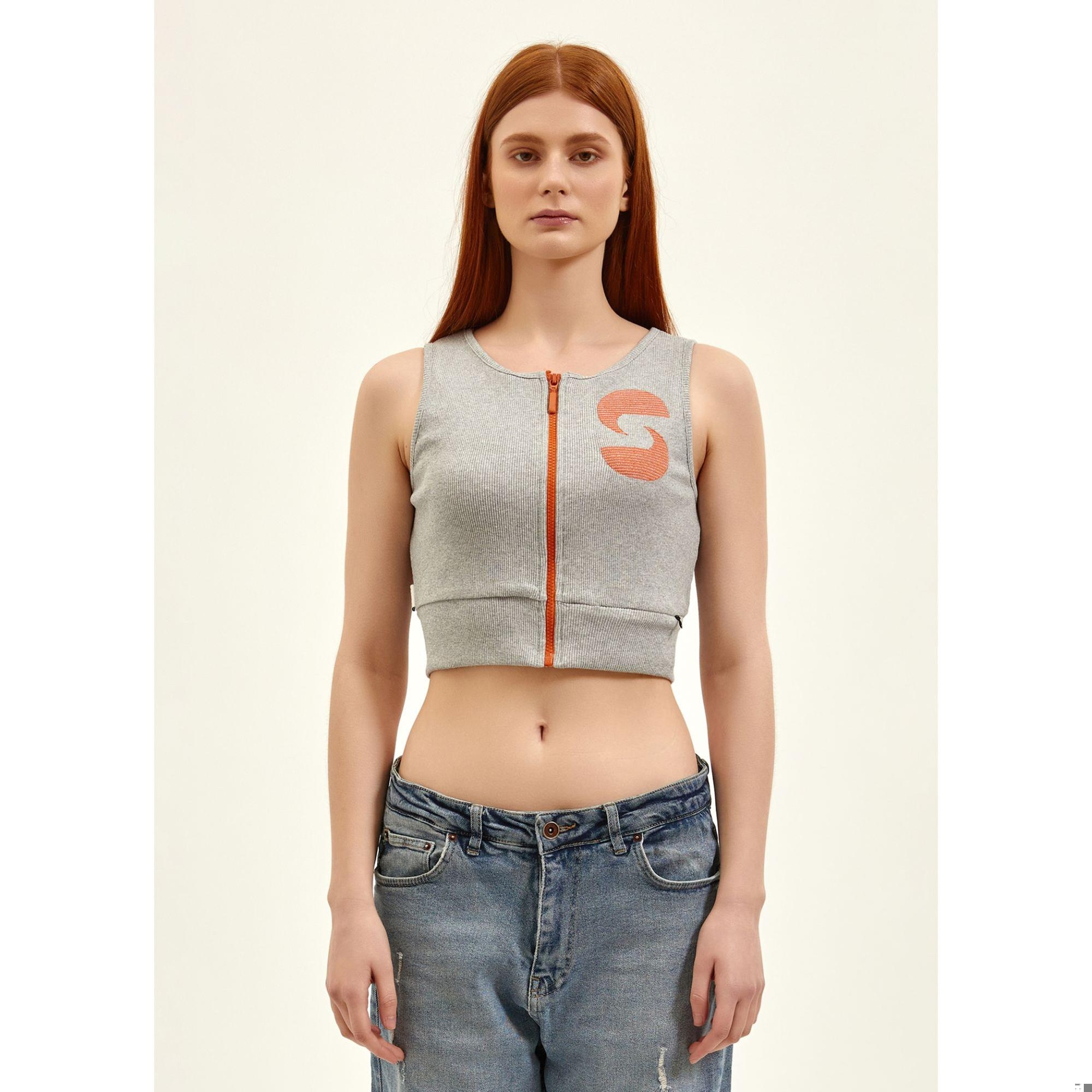 Nasaqu Kadın Aktif Fermuarlı Gri Krom Crop Top