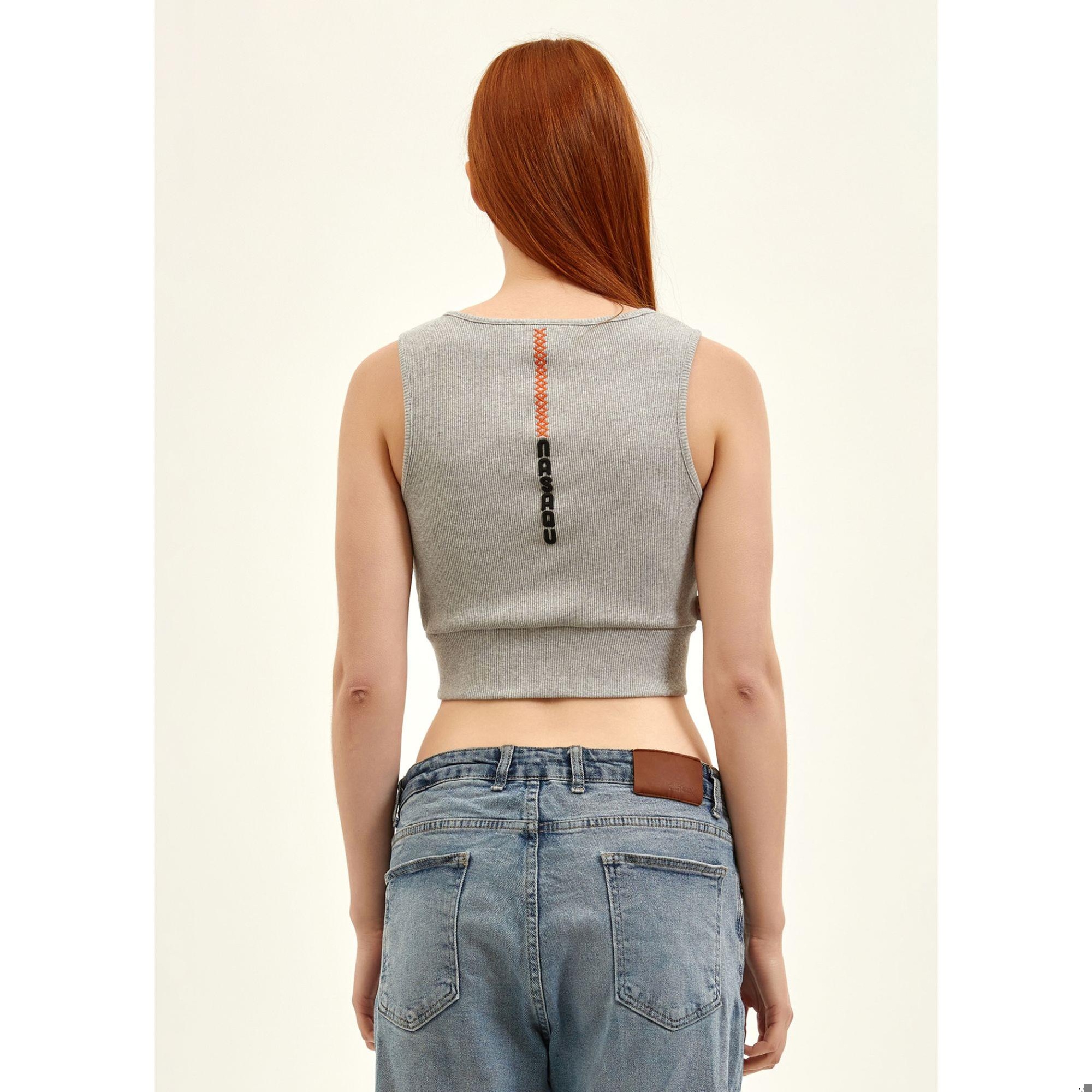 Nasaqu Kadın Aktif Fermuarlı Gri Krom Crop Top