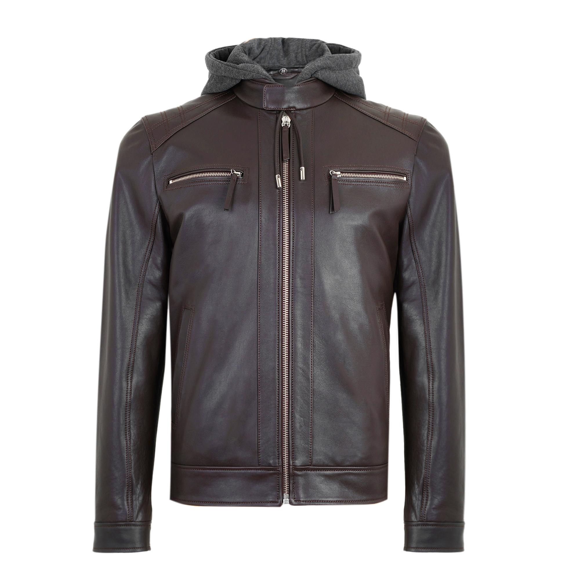 Analu Koyu Kahve Erkek Kapüşonlu Deri Mont