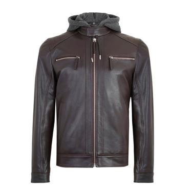  Analu Koyu Kahve Erkek Kapüşonlu Deri Mont