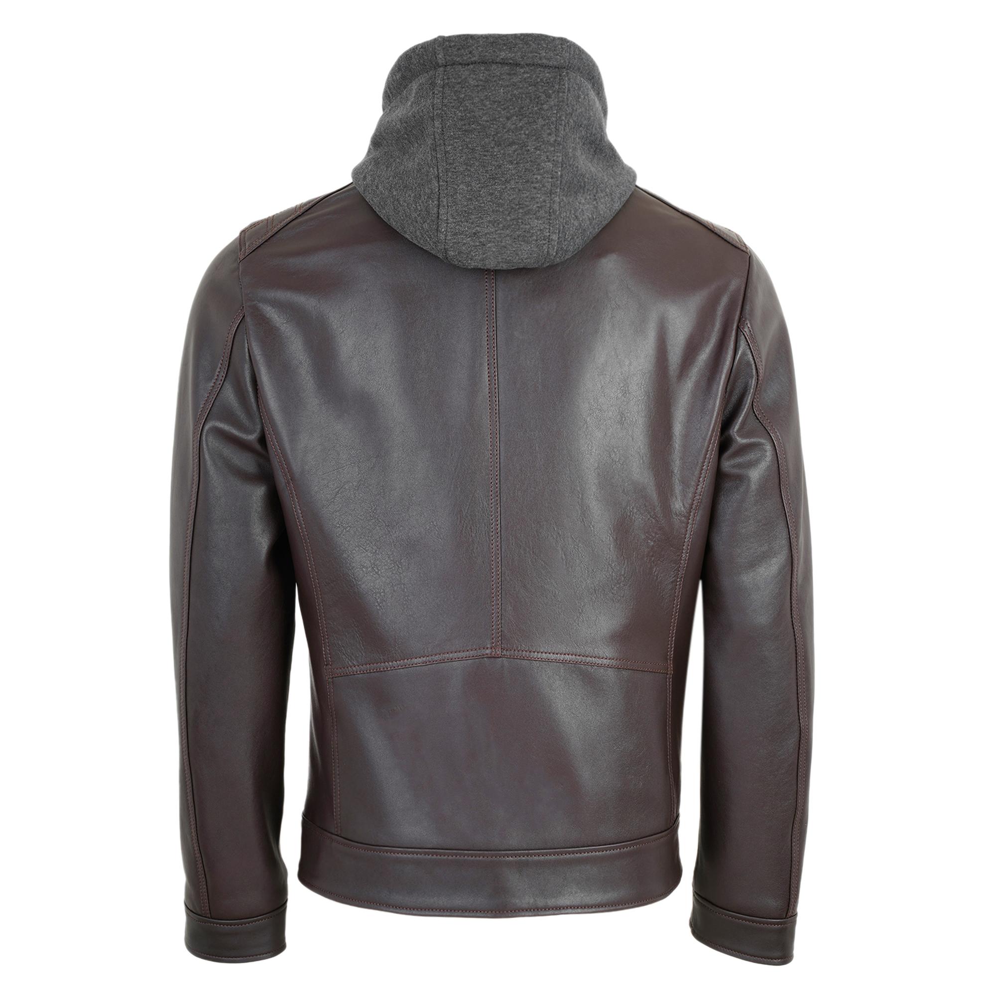 Analu Koyu Kahve Erkek Kapüşonlu Deri Mont