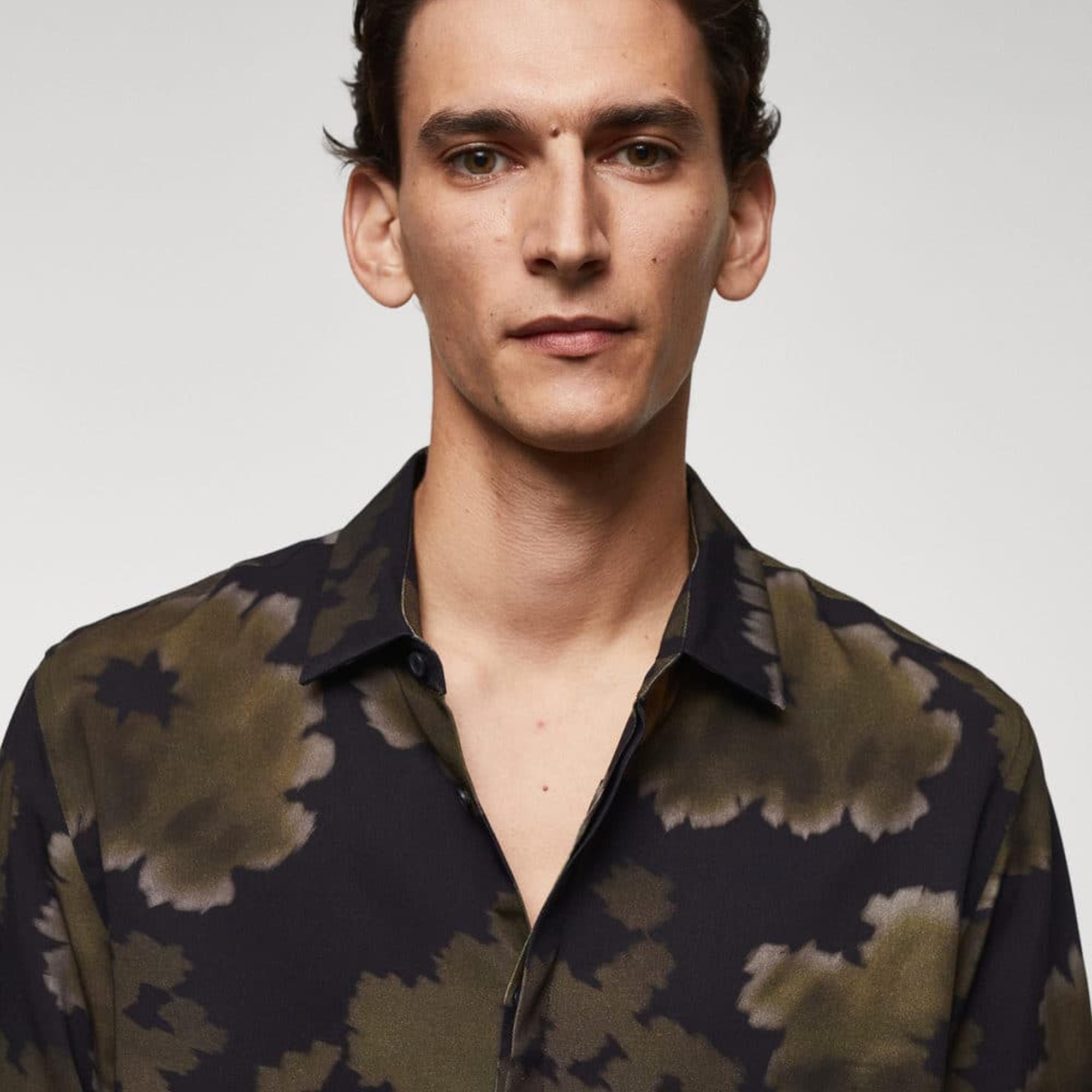 Mango Erkek Dökümlü Desenli Gömlek Haki