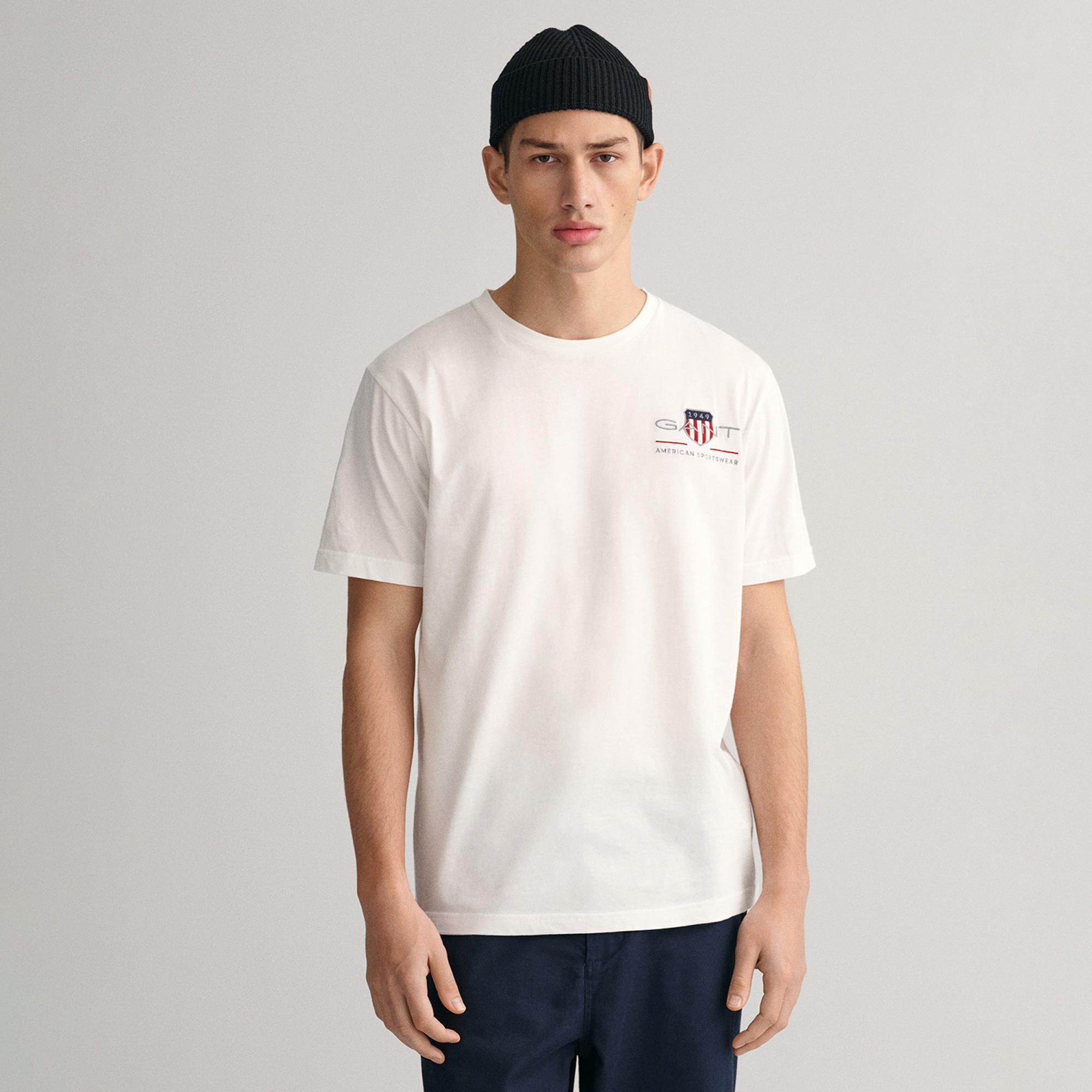 GANT Erkek Beyaz Regular Fit Bisiklet Yaka Logolu T-shirt