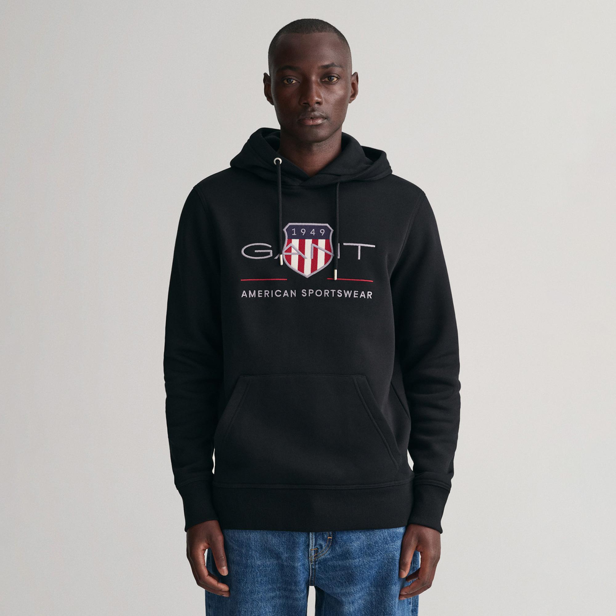 GANT Erkek Siyah Regular Fit Kapüşonlu Logolu Sweatshirt