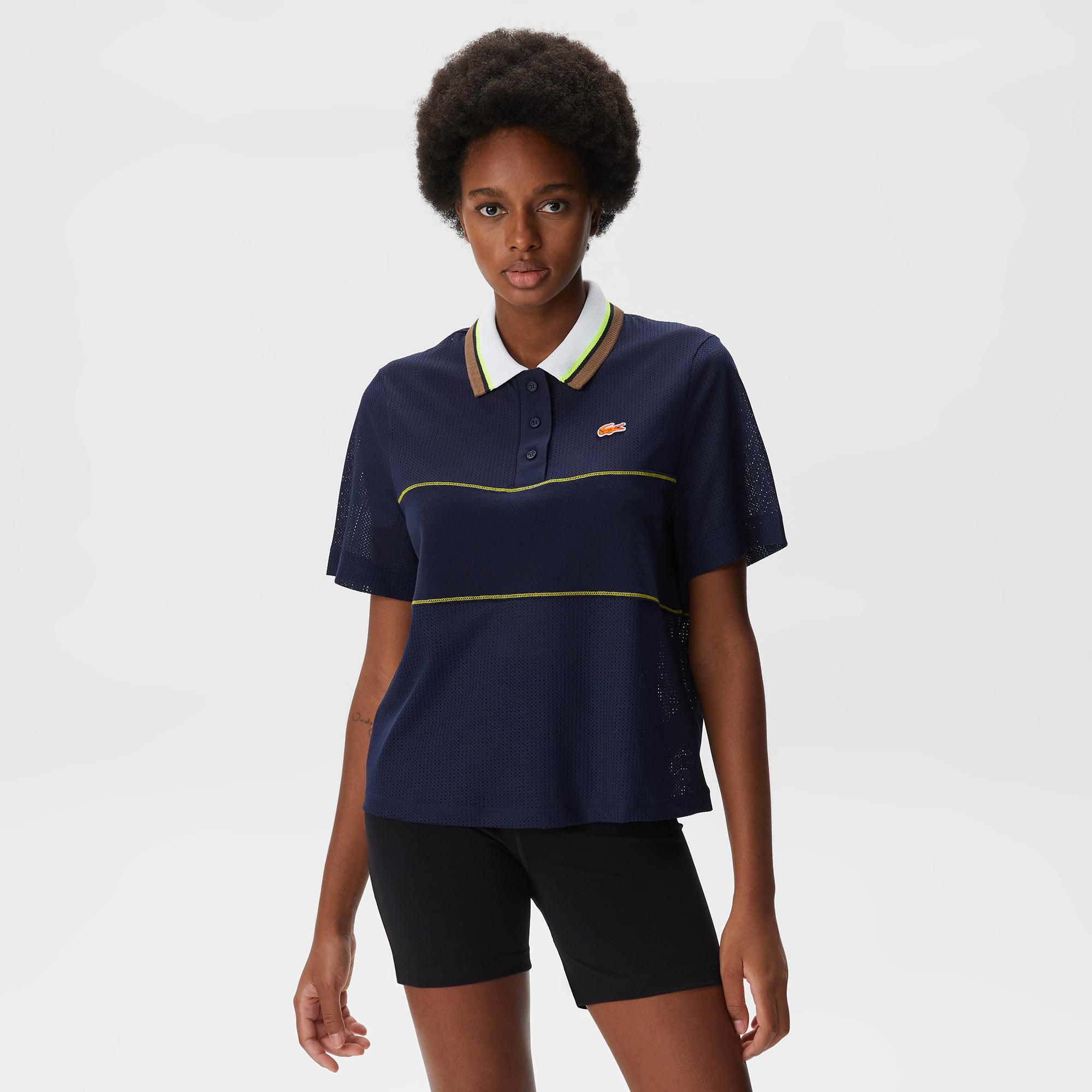 Kadın Loose Fit Kısa Kollu Çizgili Lacivert Polo