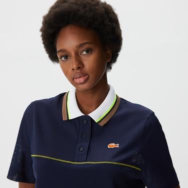  Kadın Loose Fit Kısa Kollu Çizgili Lacivert Polo