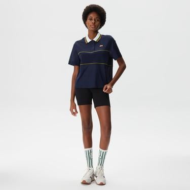  Kadın Loose Fit Kısa Kollu Çizgili Lacivert Polo