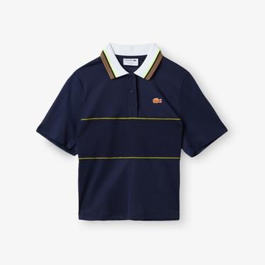  Kadın Loose Fit Kısa Kollu Çizgili Lacivert Polo