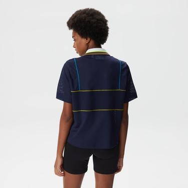  Kadın Loose Fit Kısa Kollu Çizgili Lacivert Polo