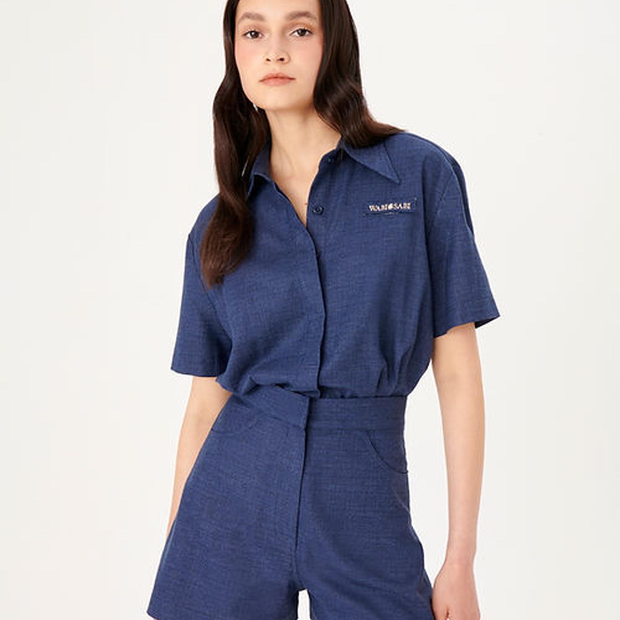 Wabi Sabi Kadın Mavi Keten Eterno Kısa Tulum