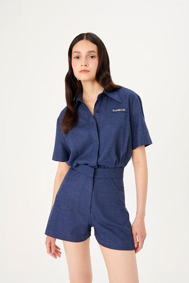  Wabi Sabi Kadın Mavi Keten Eterno Kısa Tulum