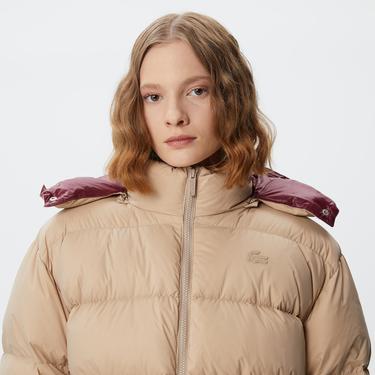  Lacoste Kapüşonlu Kapitone Kadın Bej Mont