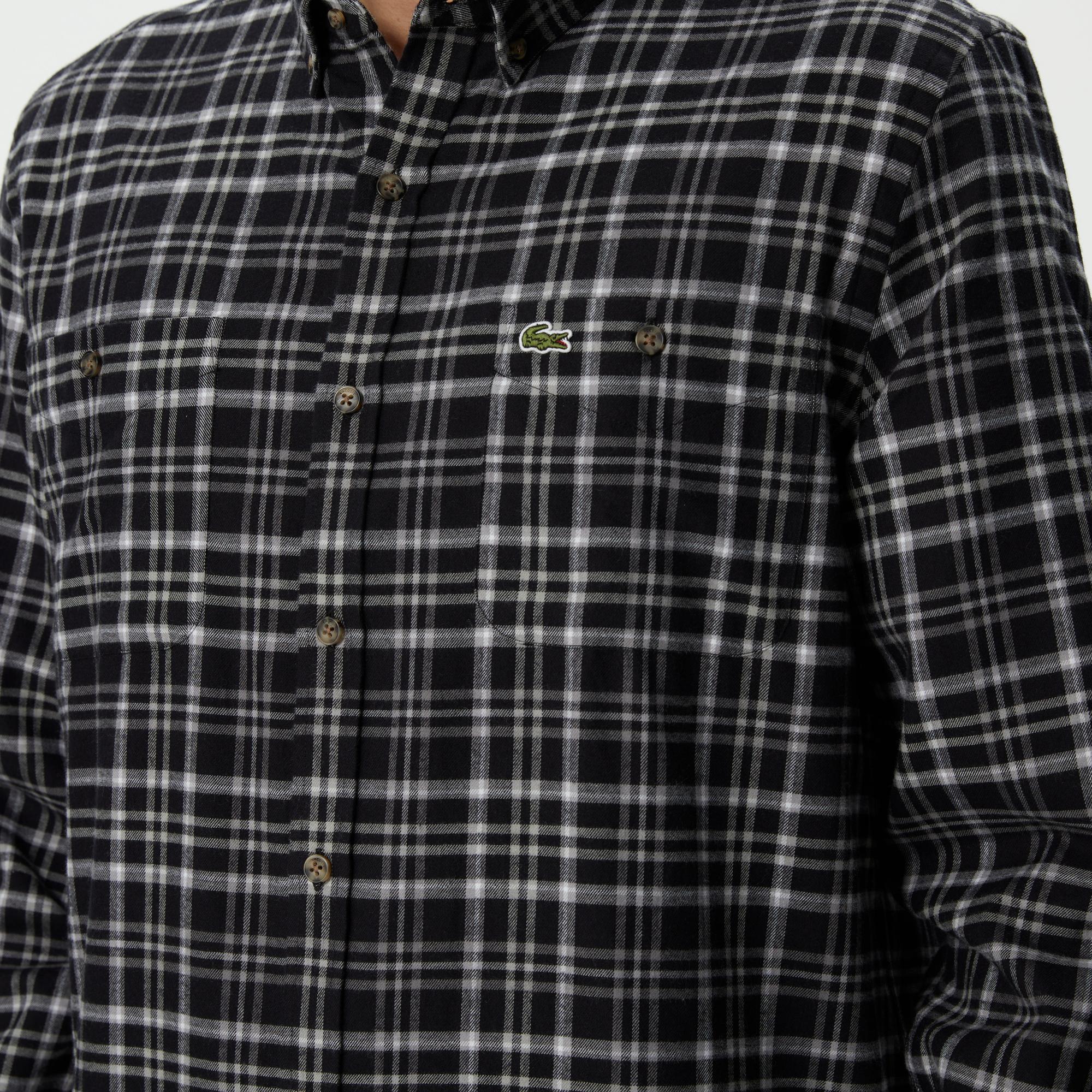 Lacoste Erkek Regular Fit Düğmeli Yaka Ekose Siyah Gömlek
