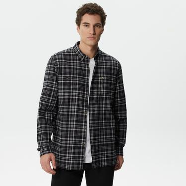  Lacoste Erkek Regular Fit Düğmeli Yaka Ekose Siyah Gömlek