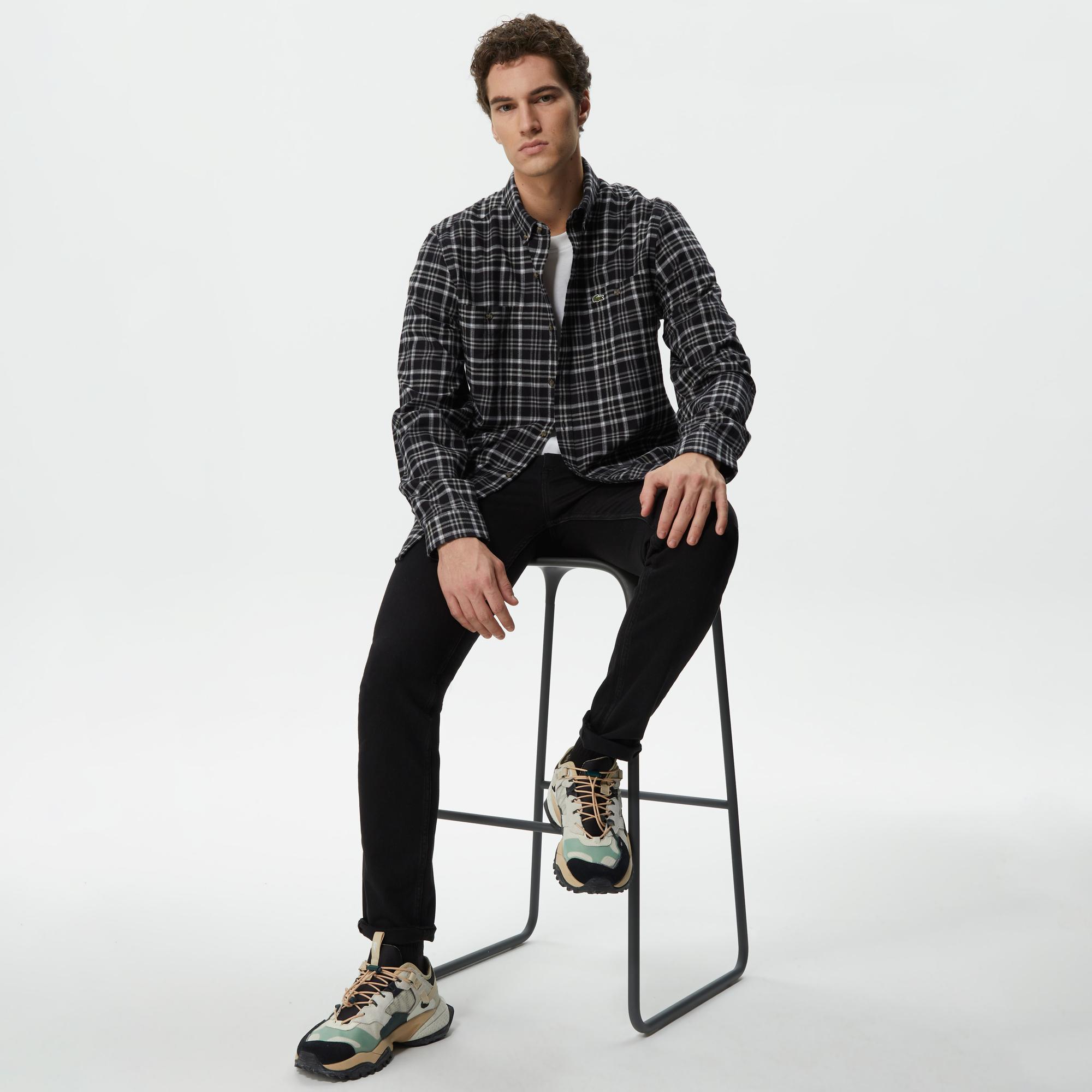 Lacoste Erkek Regular Fit Düğmeli Yaka Ekose Siyah Gömlek