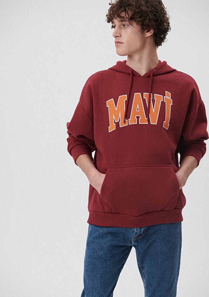  Mavi Mavi Logo Baskılı Bordo Kapüşonlu Sweatshirt 067149-85493