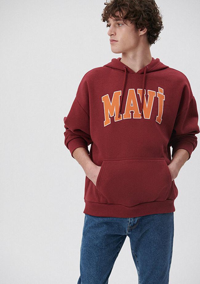 Mavi Mavi Logo Baskılı Bordo Kapüşonlu Sweatshirt 067149-85493