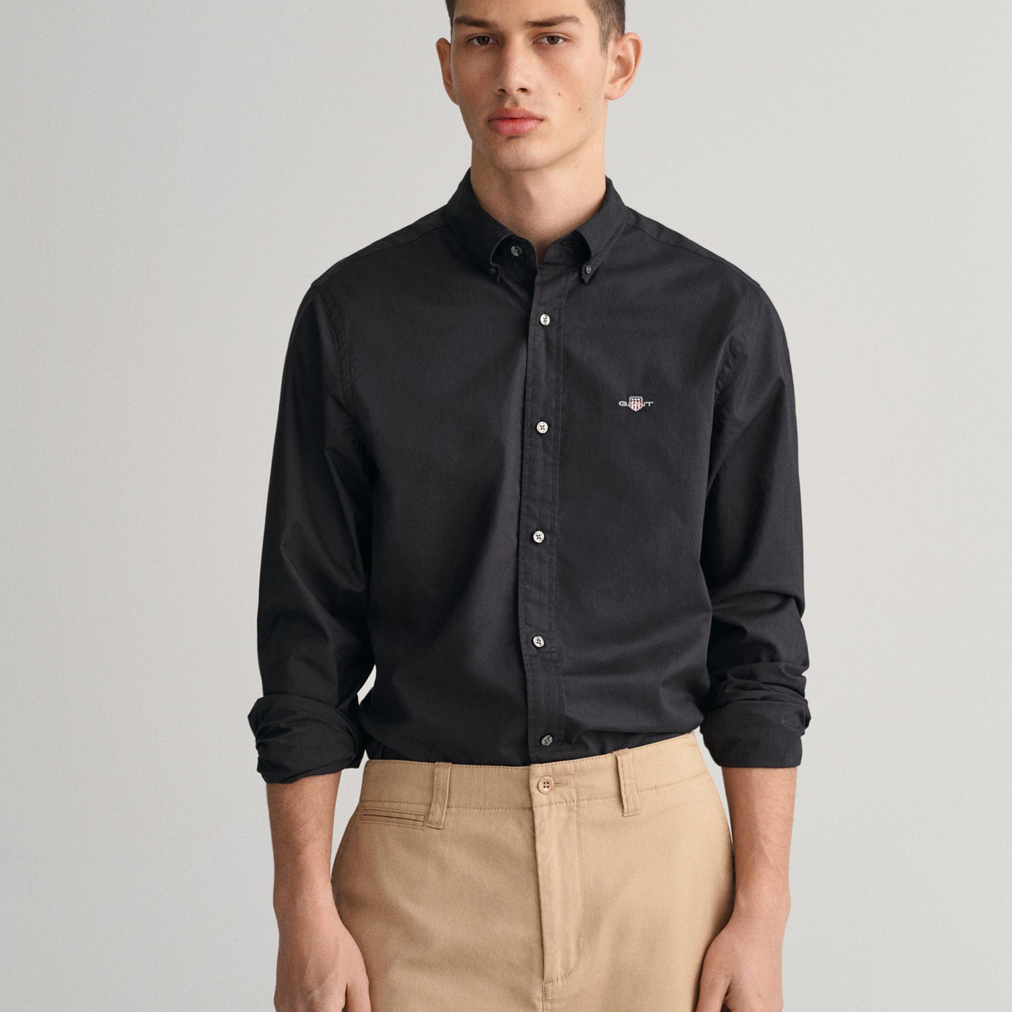 GANT Erkek Siyah Slim Fit Düğmeli Yaka Broadcloth Gömlek