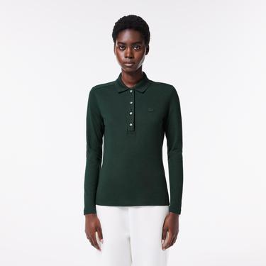  Lacoste Kadın Slim Fit Uzun Kollu Koyu Yeşil Polo