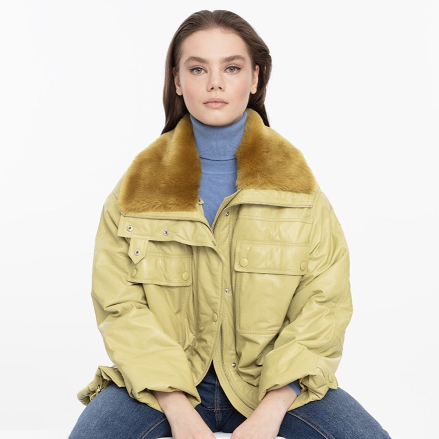  Auren Yeşil Kadın Deri Puffer Mont