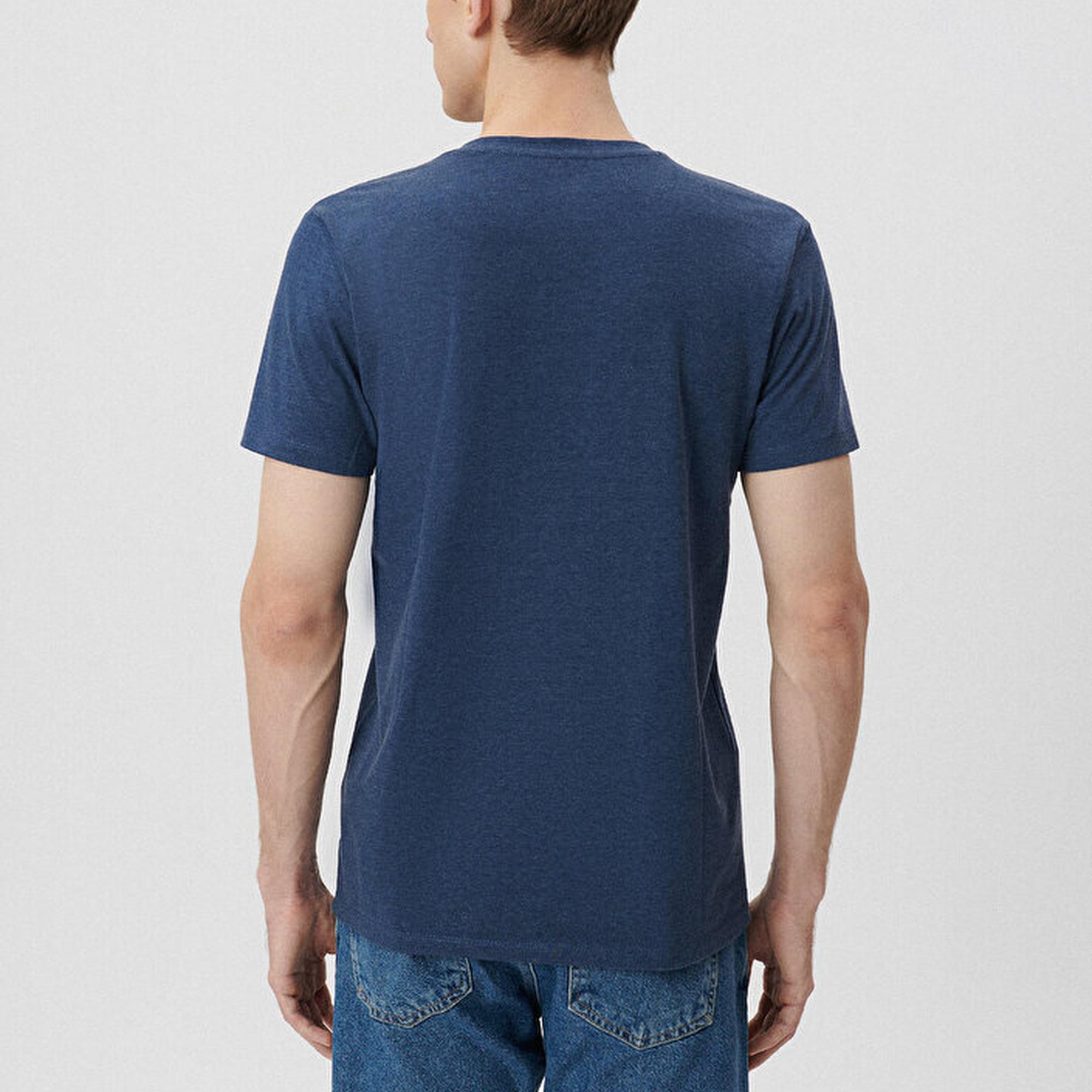 Mavi V Yaka Streç Mavi Basic Tişört Fitted / Vücuda Oturan Kesim 061748-18790