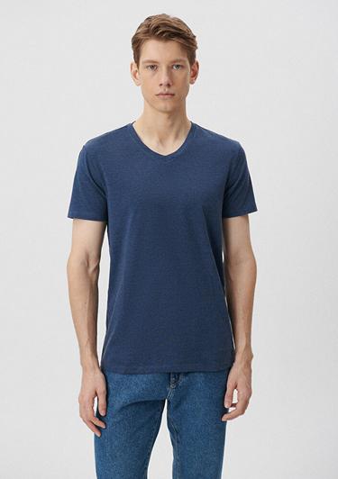  Mavi V Yaka Streç Mavi Basic Tişört Fitted / Vücuda Oturan Kesim 061748-18790