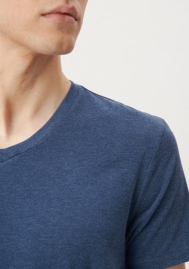  Mavi V Yaka Streç Mavi Basic Tişört Fitted / Vücuda Oturan Kesim 061748-18790