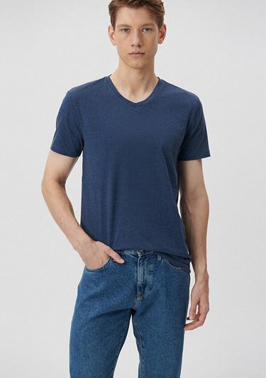  Mavi V Yaka Streç Mavi Basic Tişört Fitted / Vücuda Oturan Kesim 061748-18790