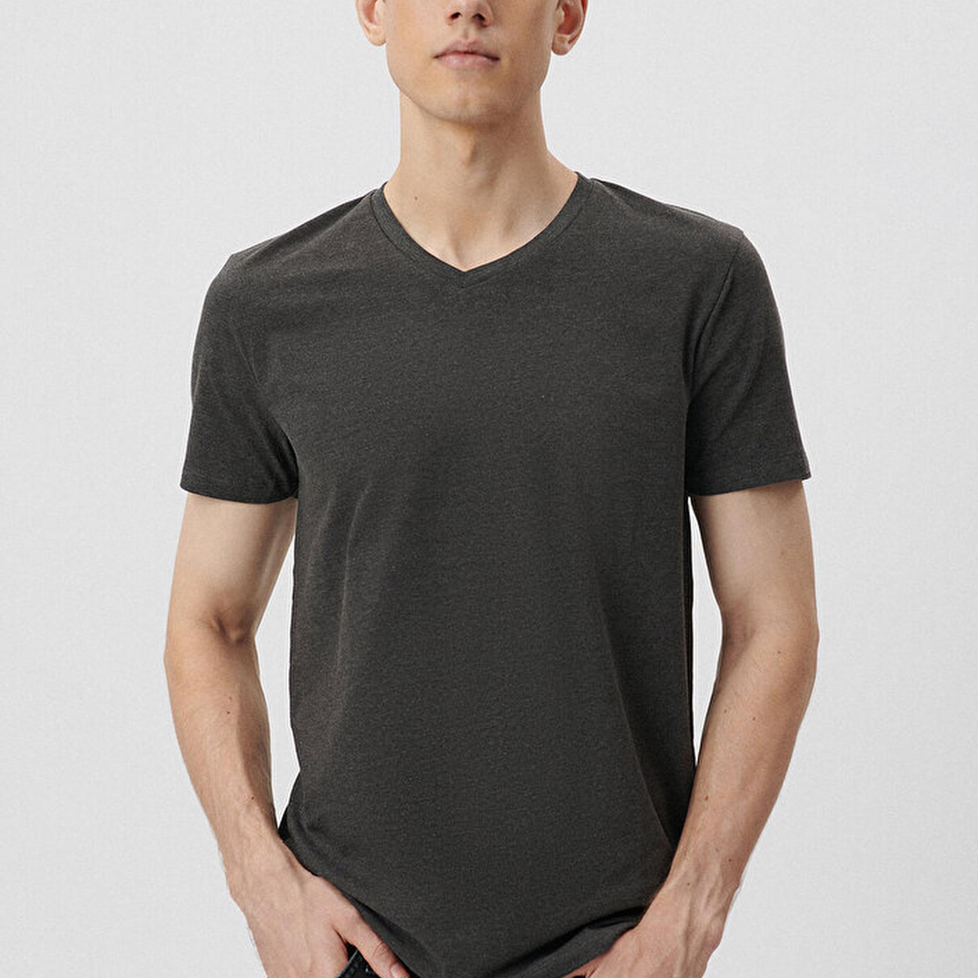 Mavi V Yaka Streç Gri Basic Tişört Fitted / Vücuda Oturan Kesim 061748-24398