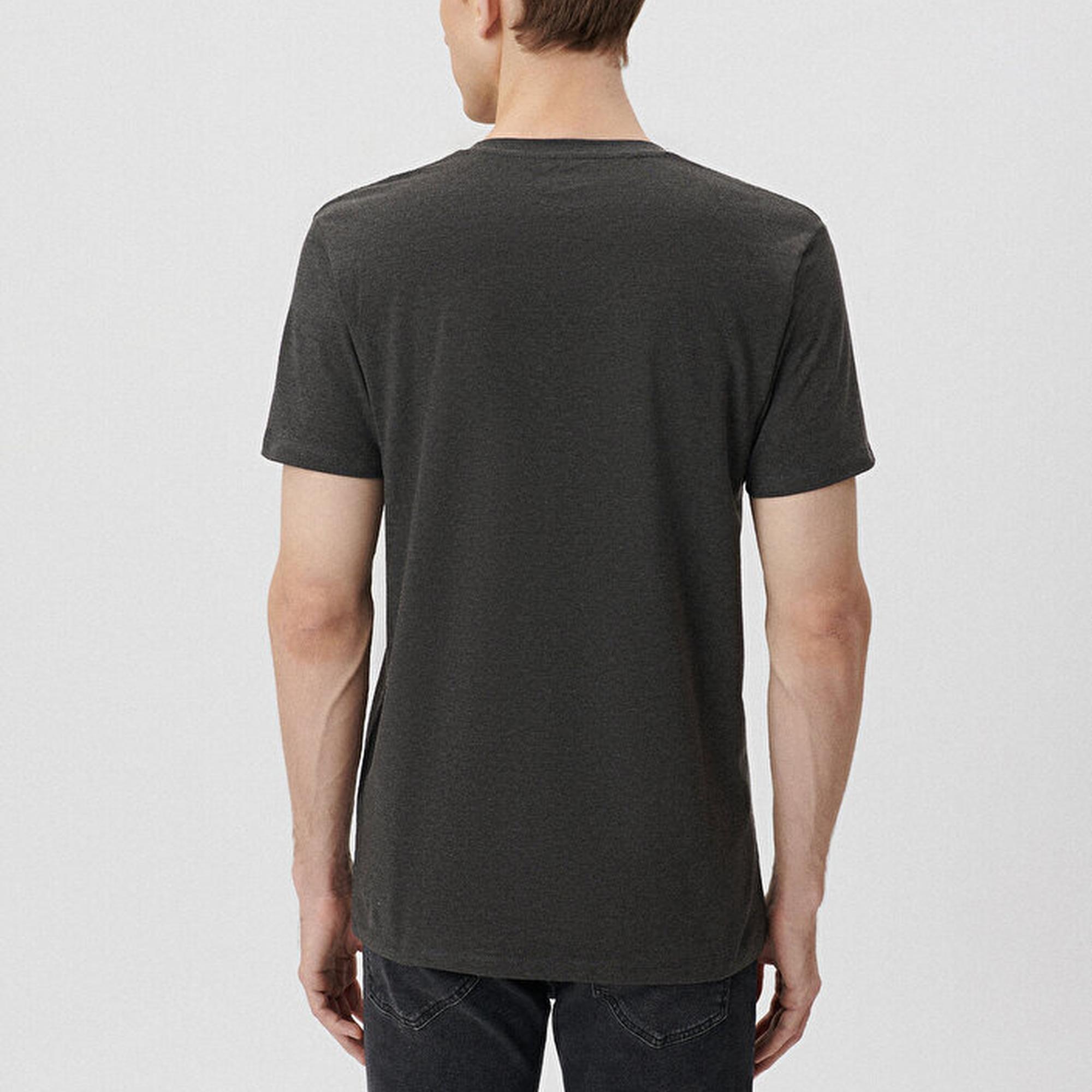 Mavi V Yaka Streç Gri Basic Tişört Fitted / Vücuda Oturan Kesim 061748-24398