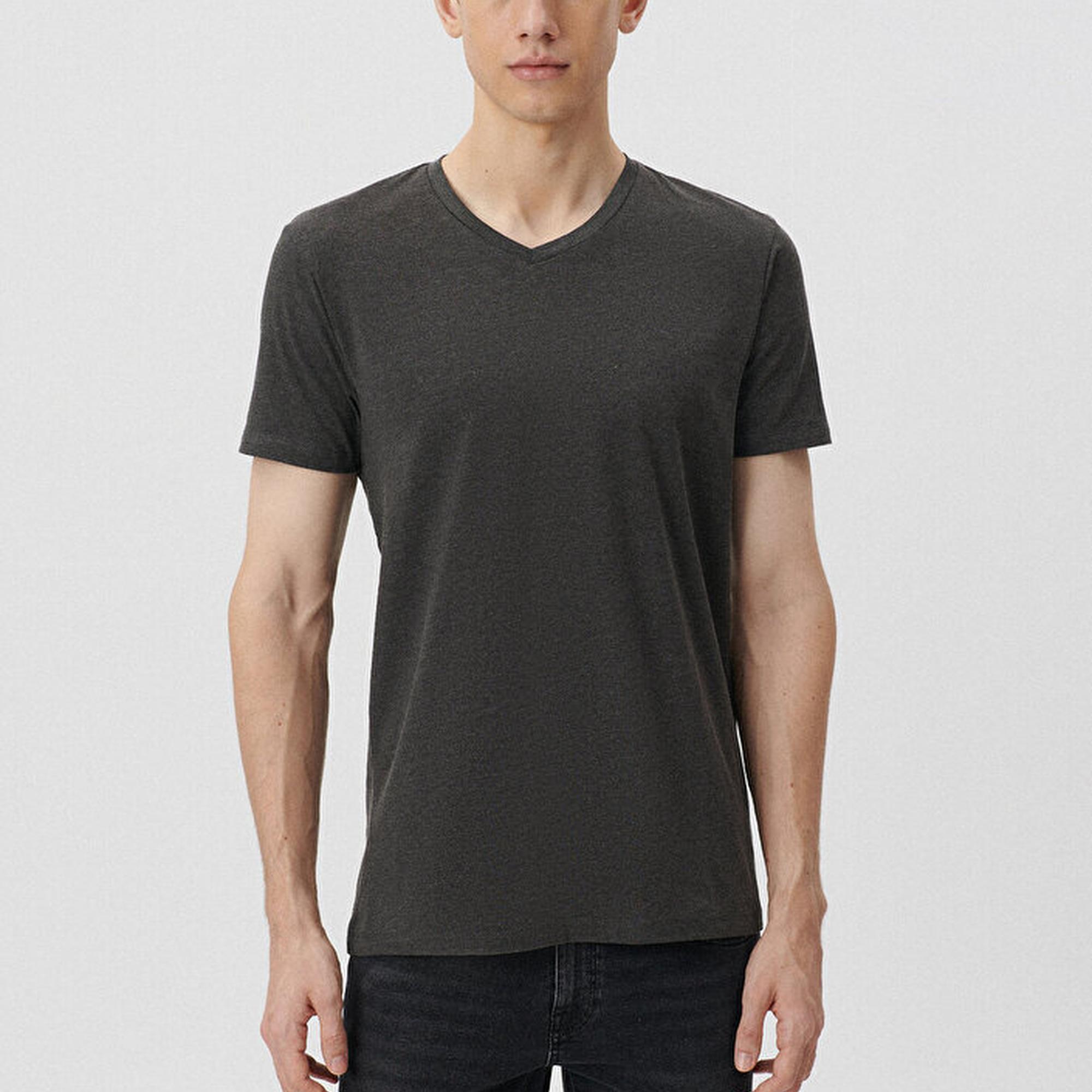 Mavi V Yaka Streç Gri Basic Tişört Fitted / Vücuda Oturan Kesim 061748-24398