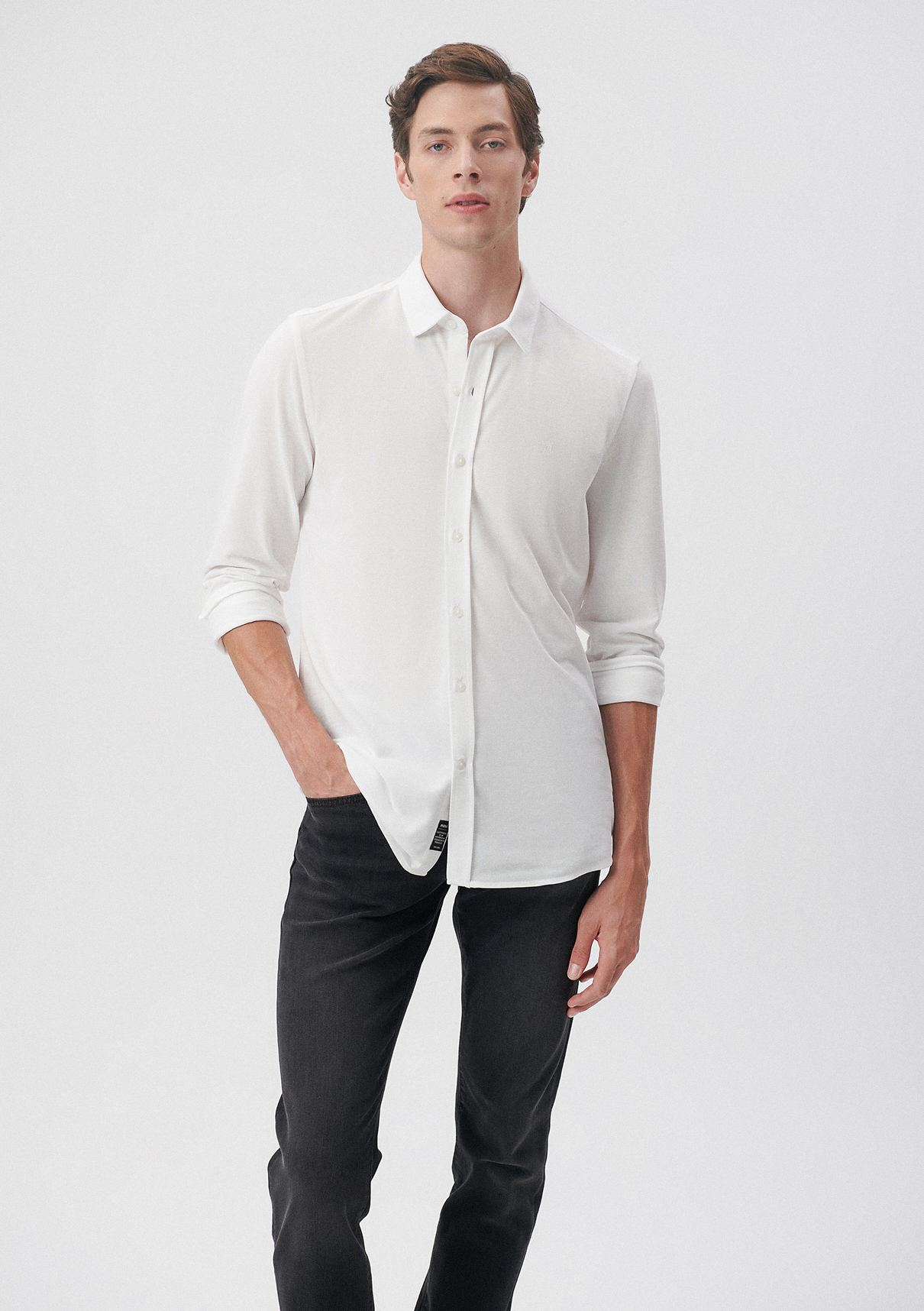  Mavi Beyaz Örme Gömlek Fitted / Vücuda Oturan Kesim 0210294-620