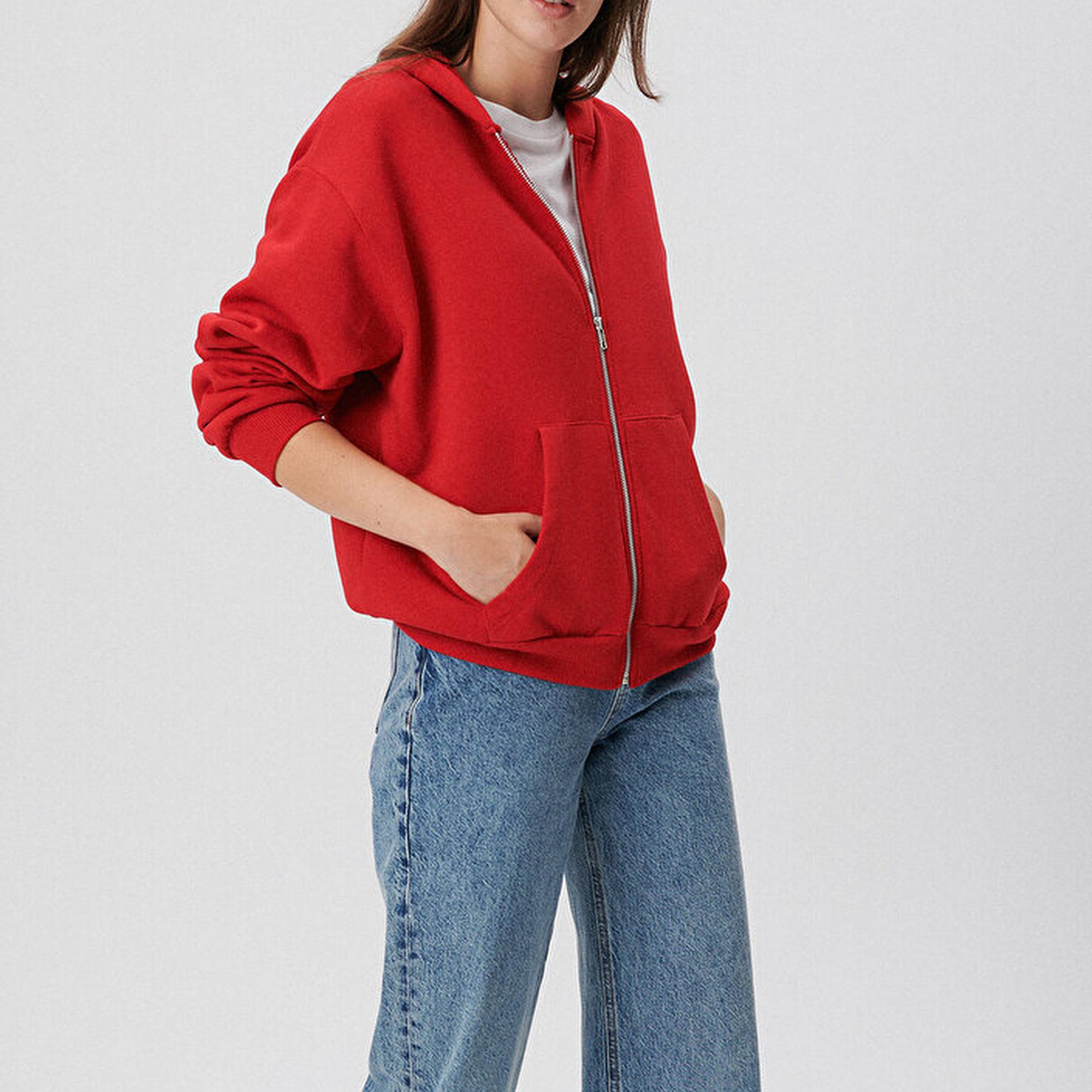 Mavi Fermuarlı Kapüşonlu Kırmızı Basic Sweatshirt 1611775-82054