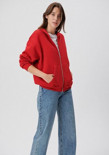  Mavi Fermuarlı Kapüşonlu Kırmızı Basic Sweatshirt 1611775-82054