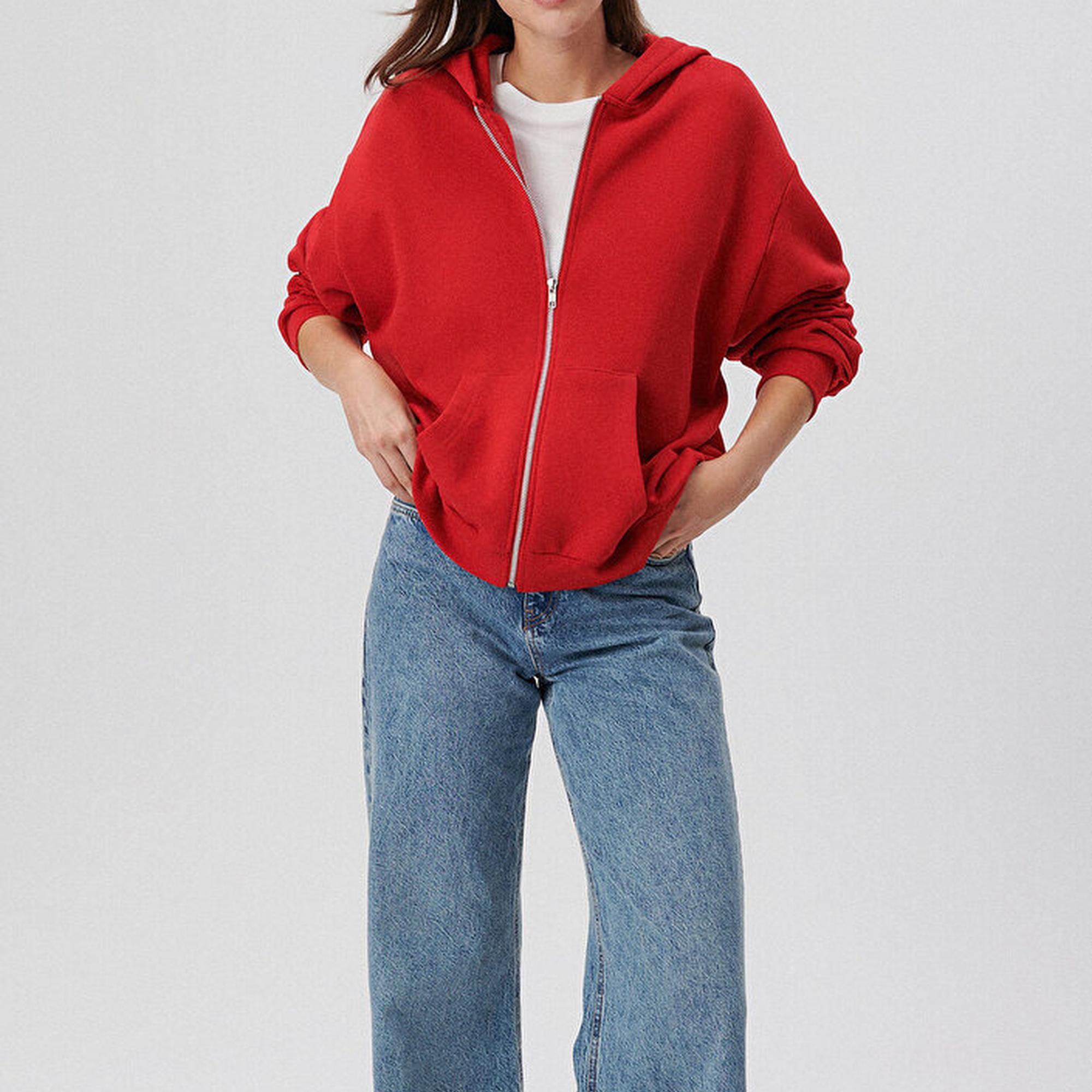 Mavi Fermuarlı Kapüşonlu Kırmızı Basic Sweatshirt 1611775-82054